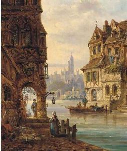 Street sellers at the quay, a Continental town