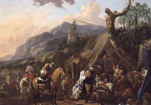 Military commander at a mountain encampment with merrymakers