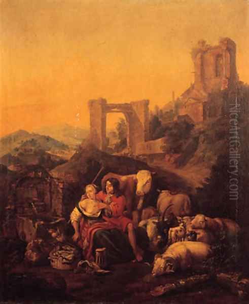 A shepherd couple embracing by a fountain, classical ruins on a hilltop beyond, in an Italianate landscape - view 1