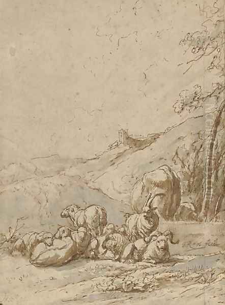 A group of goats resting in a landscape, a castle in the distance - view 1