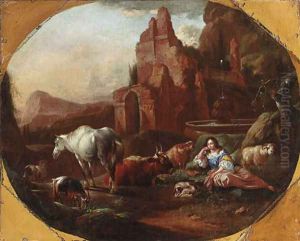 An italianate landscape with a shepherdess resting by a fountain