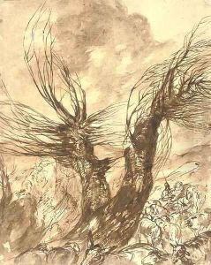 A pollarded willow with a shepherd and his flock