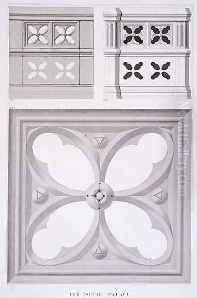 The Ducal Palace, Compartments of the Southern Balcony, from Examples of the Architecture of Venice by John Ruskin, aquatint by R.P. Cuff, 1851 - view 1