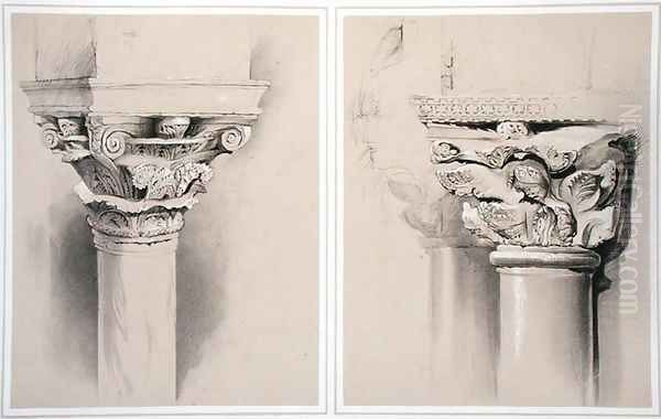 Torcello, Capital of Nave Pillar and St. Mark's, Capital from Central Porch, from Examples of the Architecture of Venice by John Ruskin, engraved by G. Rosenthal, 1851 - view 1