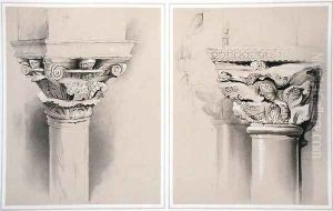 Torcello, Capital of Nave Pillar and St. Mark's, Capital from Central Porch, from Examples of the Architecture of Venice by John Ruskin, engraved by G. Rosenthal, 1851