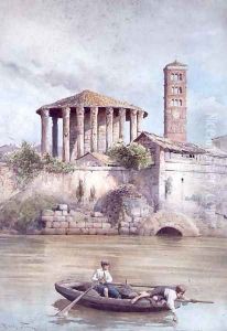 The Temple of Hercules from the River Tiber, Rome by Ettore Roesler Franz