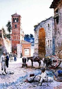 Figures in a Roman Square by an Arch by Ettore Roesler Franz