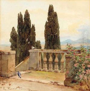 On the terrace at the Villa D'Este, Tivoli by Ettore Roesler Franz