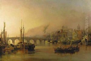 View of Newcastle from the River Tyne, with shipping in the foreground by Thomas Miles Richardson