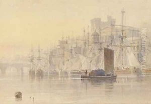 Trading vessels moored at the quayside, Newcastle-upon-Tyne by Thomas Miles Richardson