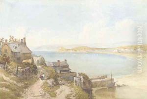 Figures on a coastal path, with boats in the bay beyond by Thomas Miles Richardson