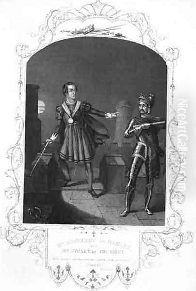 Mr Macready as Hamlet and Mr Stuart as The Ghost, Act I Scene 5, in Hamlet by William Shakespeare 1564-1616 engraved by George Hollis 1792-1842 - view 1