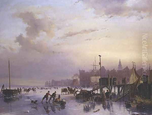 A winter river landscape with numerous skaters - view 1