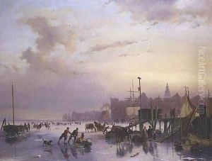 A winter river landscape with numerous skaters