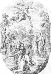 A pagan offering with an angel hovering with a cross