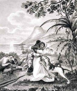 Blood Hounds attacking a Black Family in the Woods, from 'An Historical Account of the Black Empire of Haiti', by Marcus Rainsford, engraved by Inigo Barlow fl.1790, published 1805 by Marcus Rainsford