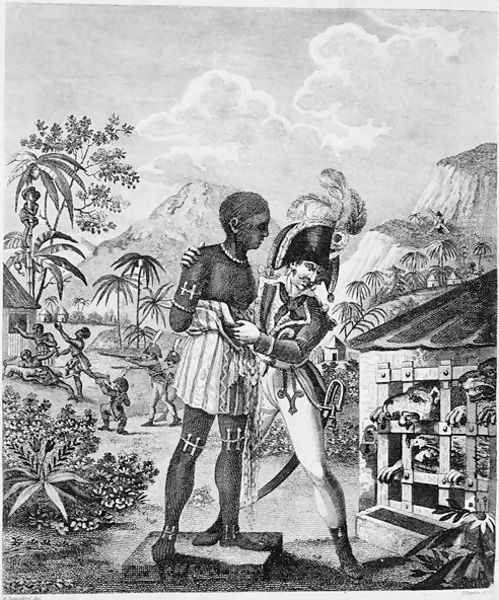 The Mode of training Blood Hounds in St. Domingo and of exercising them by Chasseurs, from An Historical Account of the Black Empire of Haiti, by Marcus Rainsford, engraved by Inigo Barlow fl.1790, published 1805 - view 1
