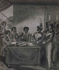 General Christophe at the Court Martial which Sentenced the Author to Death, from An Historical Account of the Black Empire of Hayti written by the artist, engraved by J. Barlow, published 1805 by Marcus Rainsford