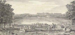 Vue du chateau de Versailles du cote de l'Orangerie, prise au delà de la grande piece d'eau des Suisses by Jacques Rigaud