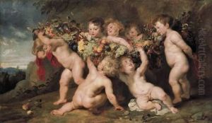 Putti playing with garlands of fruit by (studio of) Rubens, Peter Paul