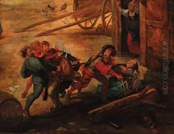 Peasants fighting in a farmyard - view 1