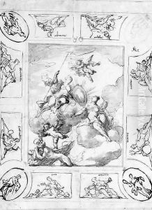 An Allegorical Ceiling Design Minerva And Other Figures Holding A Portrait Cartouche Surrounded By Twelve Compartments by Johann Michael Rottmayr