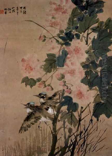 Birds on a flowering bush - view 1