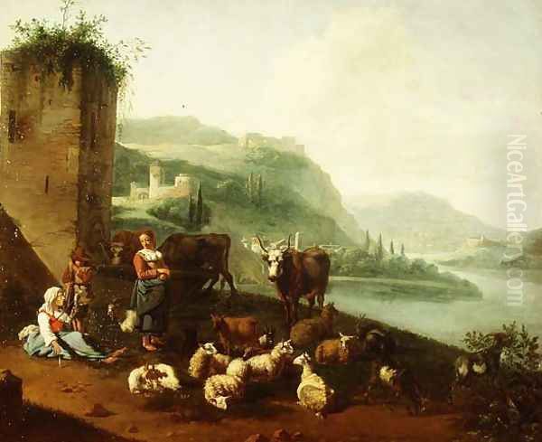 An Italianate landscape with peasants, cattle, sheep and goats by a fountain - view 1