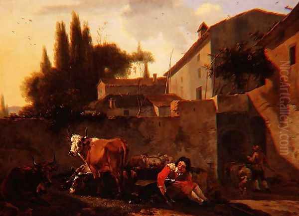 A Shepherd and cattle in the courtyard of an Italian farm - view 1