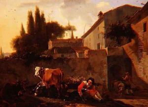 A Shepherd and cattle in the courtyard of an Italian farm
