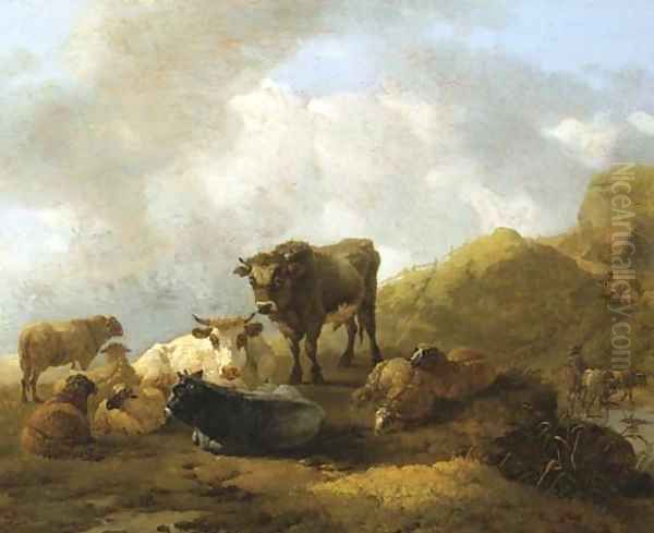 An Italianate mountainous landscape with cattle and sheep in the foreground - view 1
