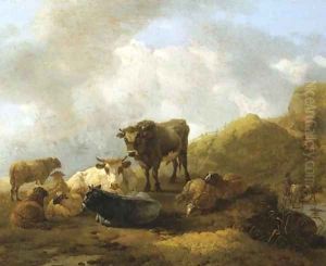 An Italianate mountainous landscape with cattle and sheep in the foreground