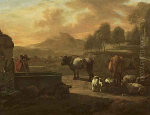 An Italianate landscape with a herdsman drinking from a fountain, his cattle and sheep nearby