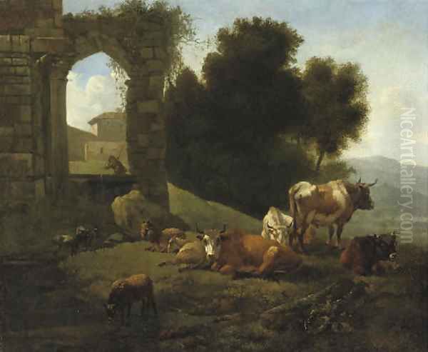 Cattle and sheep by a ruined church in an Italianate landscape - view 1