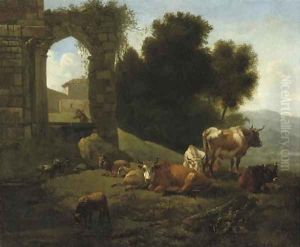 Cattle and sheep by a ruined church in an Italianate landscape