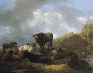 Cattle and sheep in a meadow in an Italianate mountainous landscape