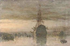 A Third Rate and a hulk lying in Portsmouth Harbour at dusk by Henry Robert Robertson