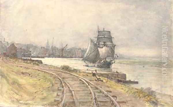 A trading schooner sailing down the river - view 1