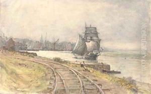 A trading schooner sailing down the river by Henry Robert Robertson
