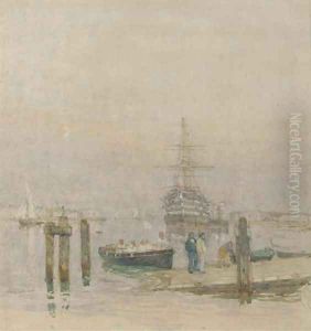 H.M.S. Victory lying at her permanent mooring in Portsmouth Harbour by Henry Robert Robertson