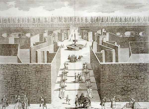 View of the eight statues of Castellazzo in the topiary maze, from The Delights of the Villa Castellazzo by Domenico Felice Leonardi, published 1743 - view 1