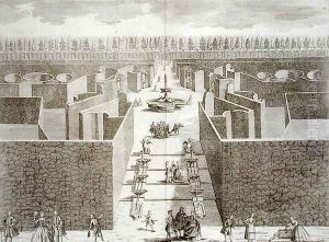 View of the eight statues of Castellazzo in the topiary maze, from The Delights of the Villa Castellazzo by Domenico Felice Leonardi, published 1743 by Marc'Antonio dal Re