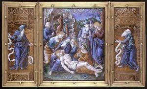 Triptych the Lamentation, Daniel and St. Peter, painted in Limoges, France, 1538 by Pierre Raymond