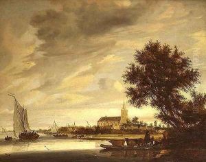 A river landscape with a ferry in the foreground, 1645 by (circle of) Ruysdael, Jacob Salomonsz.