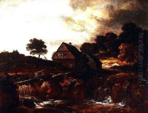 Wooded Landscape with peasant on a bridge over a torrent