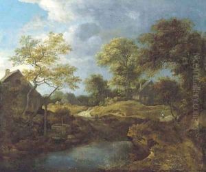 A wooded river landscape with travellers on a track by a hamlet
