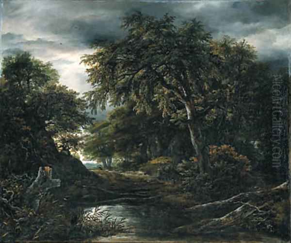 A wooded landscape in stormy weather with a pool, a peasant and a dog on a track - view 1