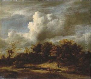 A wooded landscape with travellers walking among the dunes