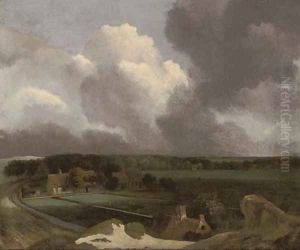 An extensive landscape with farmhouses and figures in a bleaching ground by (follower of) Ruisdael, Jacob I. van