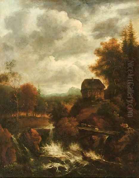 A wooded river landscape with a waterfall and a shepherd with his flock crossing a bridge, a cottage nearby - view 1